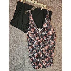 Yonique  Black/ Red Paisley Plus Size 2 Piece Tankini. 26 W. NWT